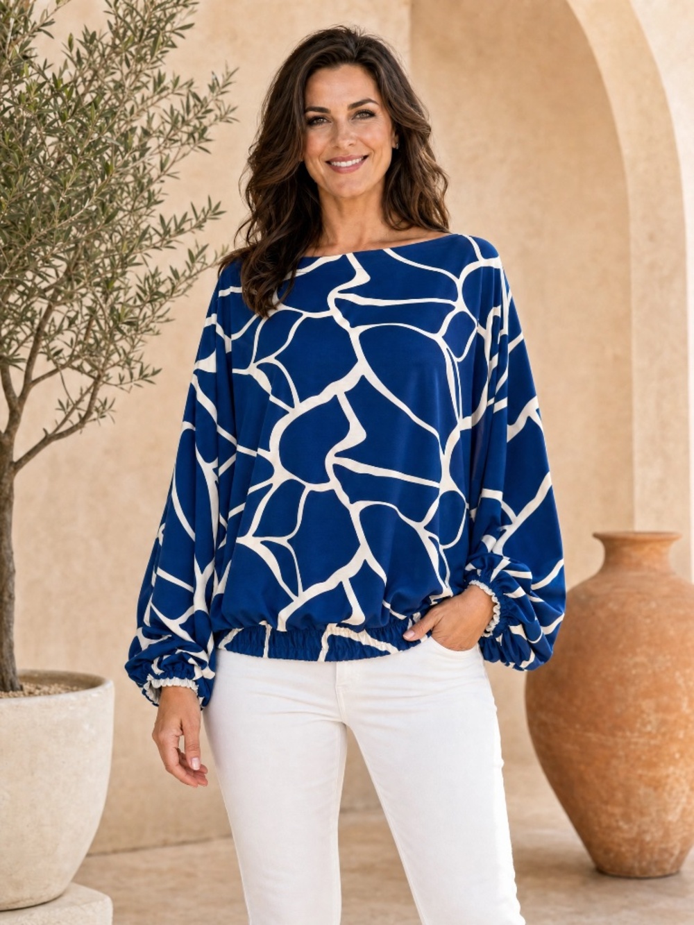 NWT Coldesina Blue Abstract Print Batwing Dolman Sleeve Top L